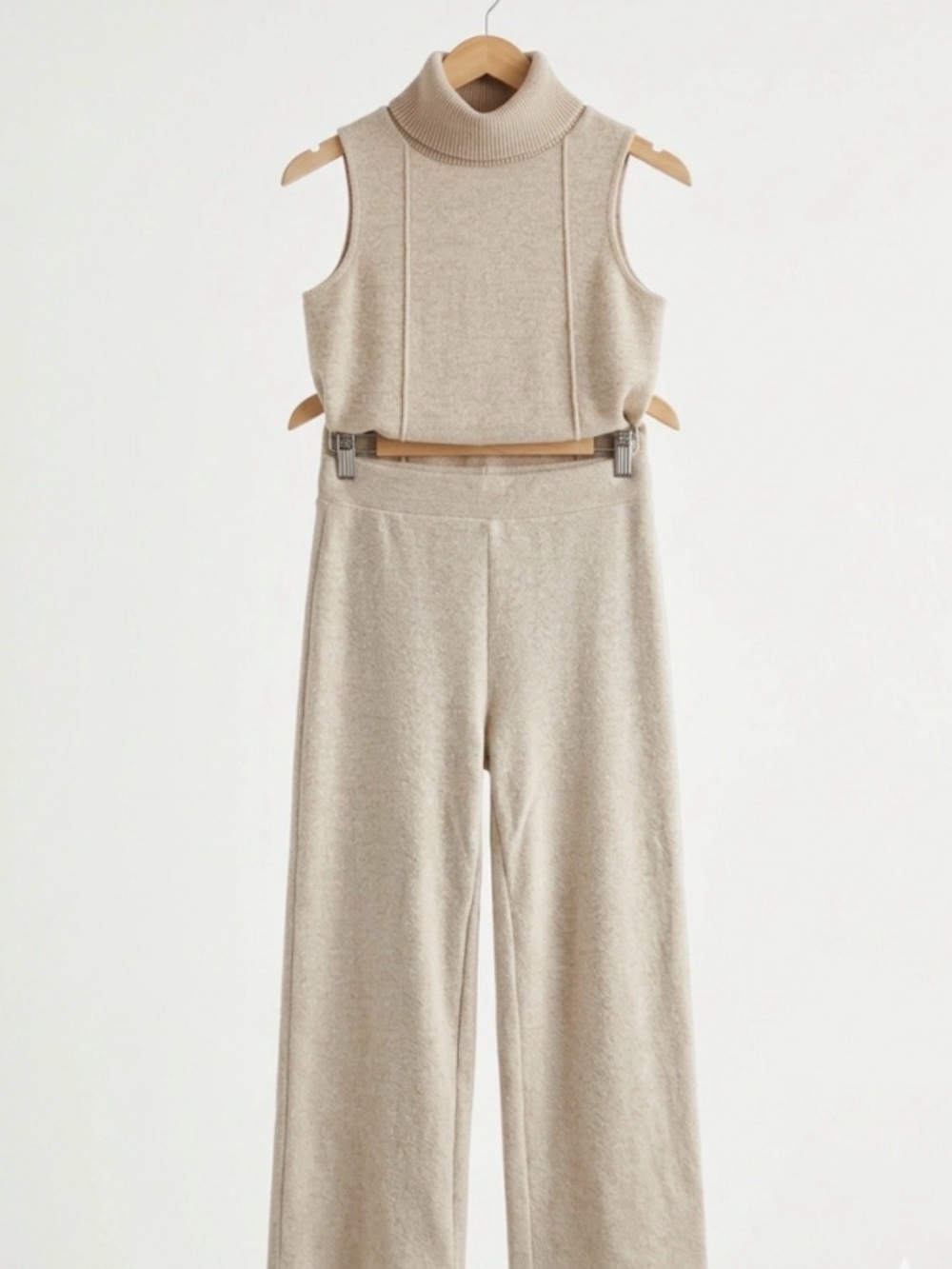 Sleeveless Turtleneck Knit Crop Top & Wide-Leg Pants Set - Cream
